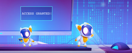 Cute robots, digital assistants on computer keyboard. Vector cartoon illustration of chat bots,...