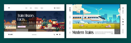 Train history banners with vintage steam engine and modern speed subway. Vector landing pages with cartoon illustration of city landscape with railway and western town with vintage trainのイラスト素材