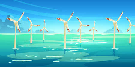 Offshore wind farm with turbines standing in sea. Vector illustration of alternative power generation, sustainable energy resources. Cartoon ocean landscape and windmills in waterのイラスト素材
