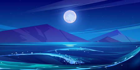Night scene of sea with waves, mountains on horizon, full moon and stars in sky. Vector cartoon illustration of nature landscape of lake or ocean coastline with rocks at midnightのイラスト素材