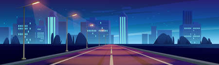 Road to night city, empty highway with glowing street lamps and skyline with urban architecture. Megalopolis infrastructure with modern skyscrapers under dark starry sky, Cartoon vector illustrationのイラスト素材