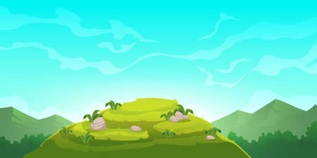Cartoon nature landscape green hill and rocks under blue sky with clouds. Picturesque scenery background, natural tranquil summer scene green hillock with stones and grass, Vector illustrationのイラスト素材