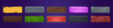 Rectangular buttons with wooden, stone, metal and black marble textures for ui game design. Vector cartoon set of buttons from rusty iron, grass and purple jelly isolated on backgroundのイラスト素材