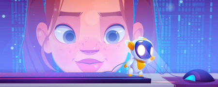 Girl face on computer desktop with digital data or pixels front of desk with keyboard, mouse and...