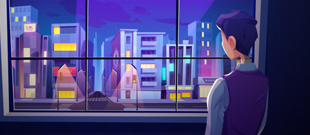 Man stand at window rear view look on night city street crossroad with modern skyscraper buildings...
