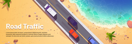 Road traffic cartoon banner with cars top view, straight two lane highway along sea beach with sand and palm trees. Overhead background with vehicles riding at asphalt pathway Vector illustration