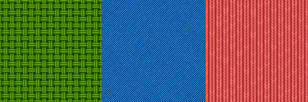 Textures of woven fabric, jeans denim and knit. Vector cartoon set of seamless patterns with textile weave, blue cotton denim and knitting material. Fiber weaving, jean and knitwear textureのイラスト素材