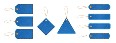 Jeans cloth labels and tags for apparel, denim textile brand badges triangle, rhombus, rectangle and...