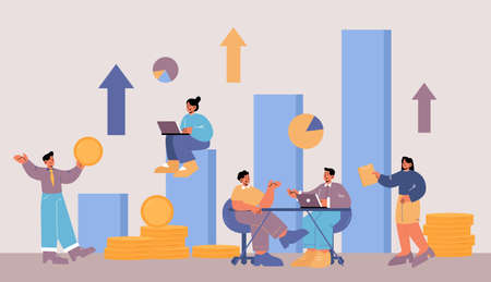Data analysis concept with tiny business analysts research information at huge growing column chart with golden coins, sales management statistics, consulting service, Line art vector illustrationのイラスト素材