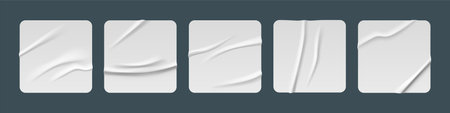 White glued stickers, crumpled paper patches mockup. Blank shrunken labels of square shapes with...