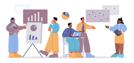 Diverse people team work with analytic data on dashboard with graphs and charts. Vector flat illustration of business analysis, teamwork of multiracial employeesのイラスト素材