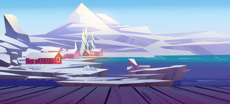 Scandinavian winter landscape view from wooden pier or dock platform. Nordic village with wood houses at sea shore and mountain. Wintertime resort settlement with hotels, Cartoon vector illustrationのイラスト素材