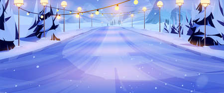 Ice slide on winter ski resort, iced slippery hill with light garlands, street lamps and conifers along. Cartoon background for snowboarding, sliding or skiing wintertime sport, Vector illustrationのイラスト素材