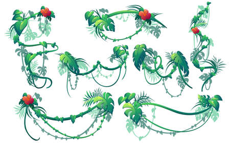 Jungle creeper plants, lianas with green leaves and red flowers. Vector cartoon set of borders of climbing ivy vines, curly hanging floral branches isolated on white backgroundのイラスト素材