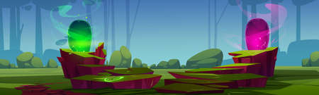 Forest with two magic portals on glade. Vector cartoon fantasy illustration, game background of summer woods landscape with trees, bushes and mystery gates with pink and green glowのイラスト素材