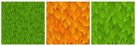 Textures of grass, green and orange tree leaves for game background. Vector cartoon seamless...