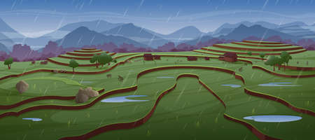 People work on rice fields in rain. Green paddy terraces and farm houses. Vector cartoon illustration of asian rural landscape with crop plantation on hills, village and mountains at rainy weatherのイラスト素材