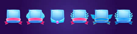 Set of blue glossy award badges, ice crystal frozen ranking game level ui icons. Empty frozen square shields with banners, wings or laurel wreaths, isolated bonus or rank frames, Vector elements setのイラスト素材
