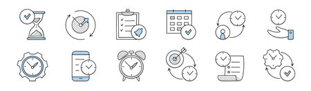 Time management doodle icons with clock, gear and calendar. Vector hand drawn symbols of work...