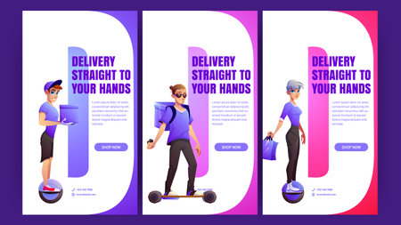 Delivery posters with people on electric unicycle and skate. Vector vertical banners of deliver...