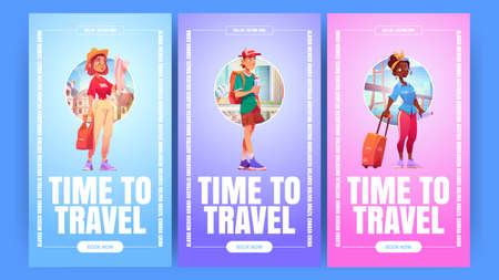 Time to travel banners with tourists with suitcase, backpack and map on cityscape background. Vector vertical posters of vacation trip, tourism with cartoon illustration of people travelersのイラスト素材