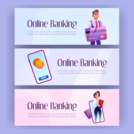 Online banking banners with man holding credit card and mobile phone with finance app. Vector horizontal posters of digital bank service with cartoon managers and smartphoneのイラスト素材