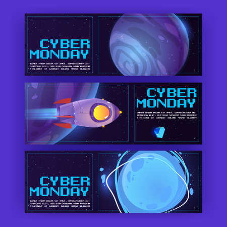 Cyber monday flyers with special offer, discount. Vector horizontal banners of sale day with cartoon illustration of rocket, planets and stars in outer spaceのイラスト素材
