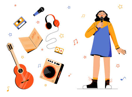 Music and singing hobby concept. Young girl sing with microphone and musical items around. Karaoke entertainment, vocalist classes learning or recreational amusement. Line art flat vector illustrationのイラスト素材