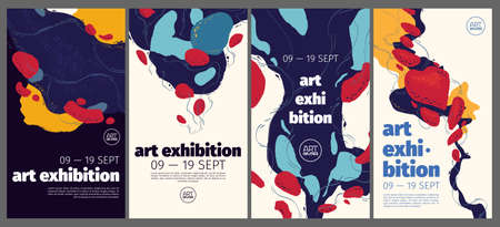 Art exhibition posters with abstract painting design. Vector vertical banners, invitation flyers to museum or gallery with trendy creative background with colorful paint blobs and hand drawn shapesのイラスト素材