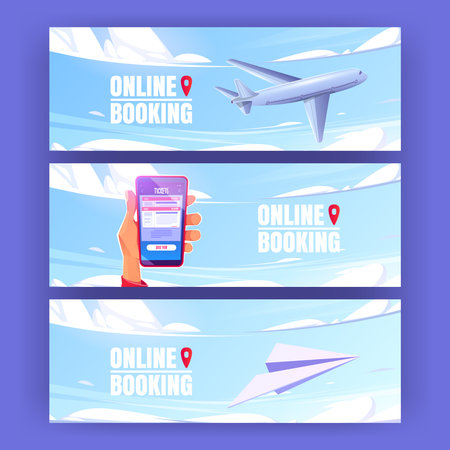 Online booking posters with plane and mobile phone with app for buy tickets. Vector banners of internet service for book journey with cartoon illustration of airplane in blue sky and smartphoneのイラスト素材