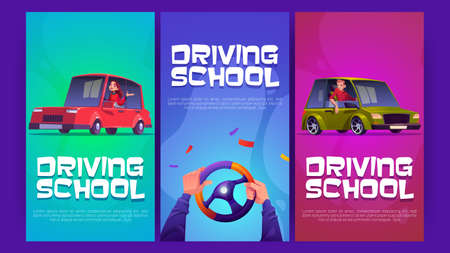 Driving school cartoon posters with driver hands on car steering wheel. Man and woman sitting in automobiles. Auto lessons for license, educational courses advertisement, Vector illustration flyersのイラスト素材