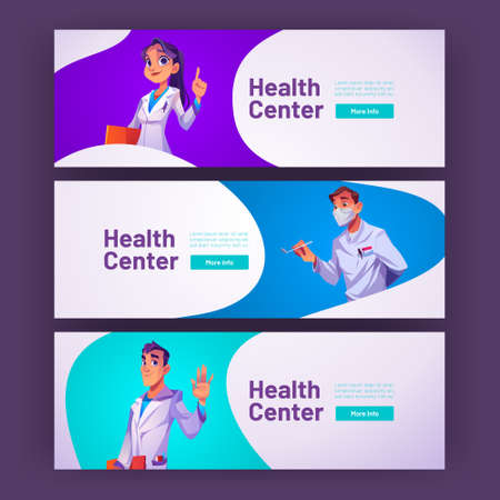 Health center banners with doctors in professional uniform. Vector horizontal posters of medical service, hospital or clinic with cartoon illustration of medical staff, physician, surgeon and dentistのイラスト素材
