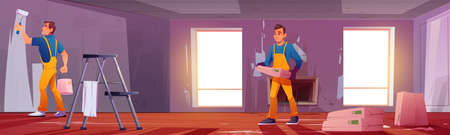Living room renovation, repair works. Workers paint wall in house or apartment. Vector cartoon illustration of professional painter and builder with roller, ladder and putty renovating lounge interiorのイラスト素材