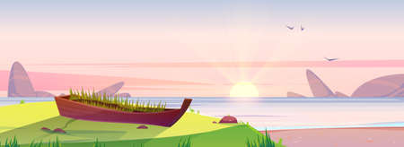 Sunrise beach and old wooden boat with growing grass inside, dawn nature background. Early morning ocean landscape, pink sky with shining sun above sea water, scenery shore Cartoon vector illustrationのイラスト素材