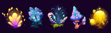 Fantasy mushrooms, flowers and trees, alien planet or magic game plants isolated set. Unusual nature elements, fairy tale or extraterrestrial strange flora or fauna assets. Cartoon vector illustrationのイラスト素材