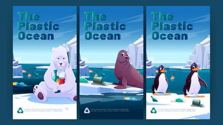 Plastic ocean banners with polar bear, seal and penguins on glacier and garbage in sea water. Vector posters of sea pollution with cartoon arctic and antarctic scene with wild animals on ice and trashのイラスト素材