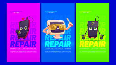 Repair service posters with smartphone and computer under renovation. Vector banners of gadget maintenance with cartoon illustration of broken mobile phone and pc with screwdriverのイラスト素材