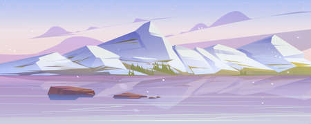 Winter mountains scenery landscape, nature background with rocks and frozen pond under falling snow flakes. Resort, wild park or garden with white ice peaks under pink sky, Cartoon vector illustrationのイラスト素材