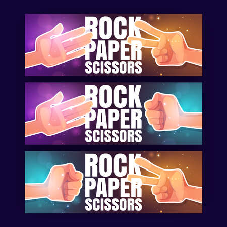 Rock, paper, scissors cartoon banners with human hands playing game showing fingers gestures. Friends challenge, competition, decision and strategy for win, people playing fun, Vector illustrationのイラスト素材