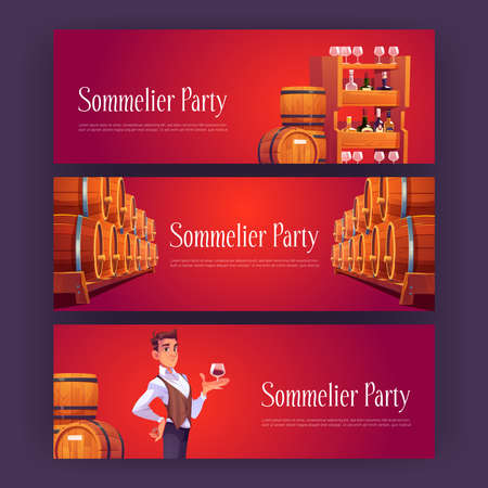 Sommelier party cartoon banners with man in wine shop holding wineglass in hand. Seller examine beverage in store with alcohol drink barrels and bottles stand on wooden shelf, Vector invitation flyersのイラスト素材