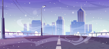 Overpass car road to city in winter. Vector cartoon illustration of cityscape, highway bridge with railings, street lights and snow, house buildings and skyscrapers on skyline and snowfallのイラスト素材