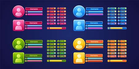 Game user menu panels, rpg gamer profiles, daily rewards, username, health, power sliders. Graphic interface design with level assets coins, gem stones, money bills, ranking stars, Vector illustrationのイラスト素材
