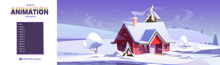 Winter landscape with house, snow fields and frozen lake. Vector parallax background ready for 2d animation with cartoon illustration of snowfall, ice rink and village cottageのイラスト素材