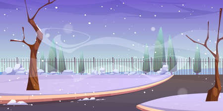 Park landscape with snow, bare trees and fence in winter. Vector cartoon illustration of empty street or public garden with paths, metal fencing and snowfallのイラスト素材