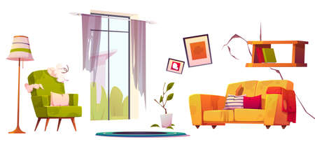 Old living room furniture, dirty and broken sofa and chair. Vector cartoon set of abandoned home interior with torn couch upholstery and curtains, floor lamp, shelf and wall crack isolated on whiteのイラスト素材