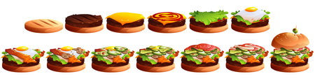 Burger cooking stages. Hamburger layers with bun, beef patty, cheese, egg and vegetable slices. Vector cartoon set of steps of making fastfood with bacon, tomato, sauces and lettuceのイラスト素材