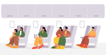 People travel by airplane. Passengers sit at comfortable seats of economy class relaxing, listen music, work on laptop, sleep. Men, women, kids air flight at plane board, Line art vector illustrationのイラスト素材