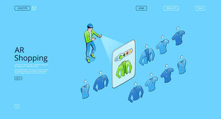 AR shopping isometric landing page. Augmented reality technologies, smart app for mobile phone with virtual apparel store catalog. Man customer choose garment on screen, 3d Vector line art web bannerのイラスト素材