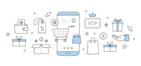 Loyalty program rewards doodle concept with shopping trolley at smartphone screen. Mobile application for vip clients, gift box, hand, percent sign, sale coupon star, box Line art vector illustrationのイラスト素材