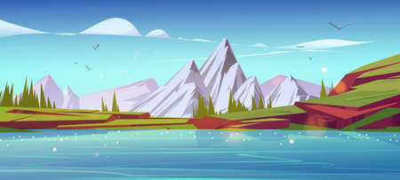 Mountain landscape, nature background with water pond, snowy peaks, green grass on rocks and conifers. Calm lake and spruces under blue sky with clouds, cartoon scenery view, Vector illustrationのイラスト素材